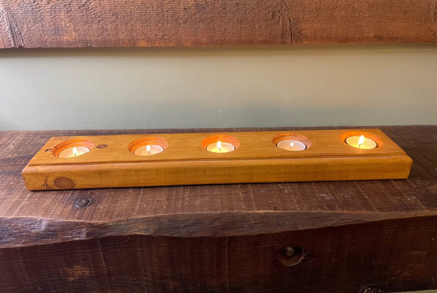 Long Reclaimed Wood Tealight Holder (5 Tealights) — back view