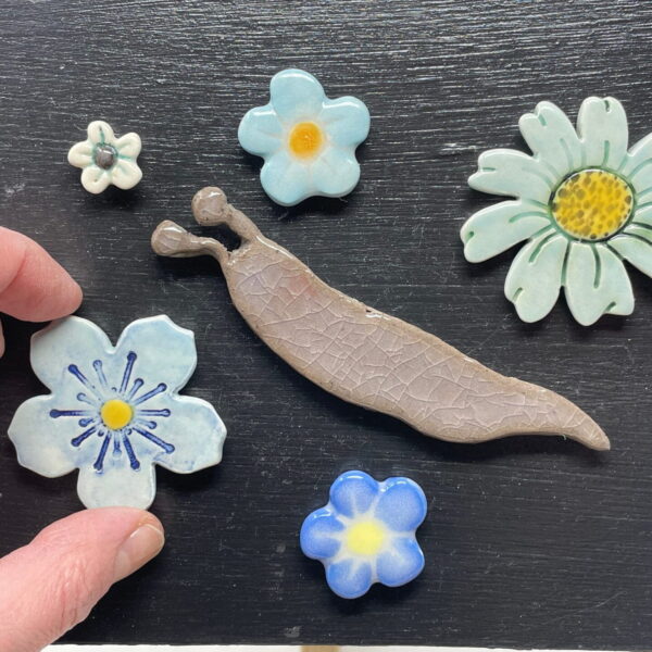 Ceramic Slug & Blue Flowers Magnet Set
