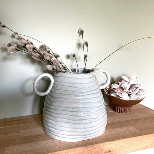 Light Blue Coiled Stoneware Vase — Wide Base