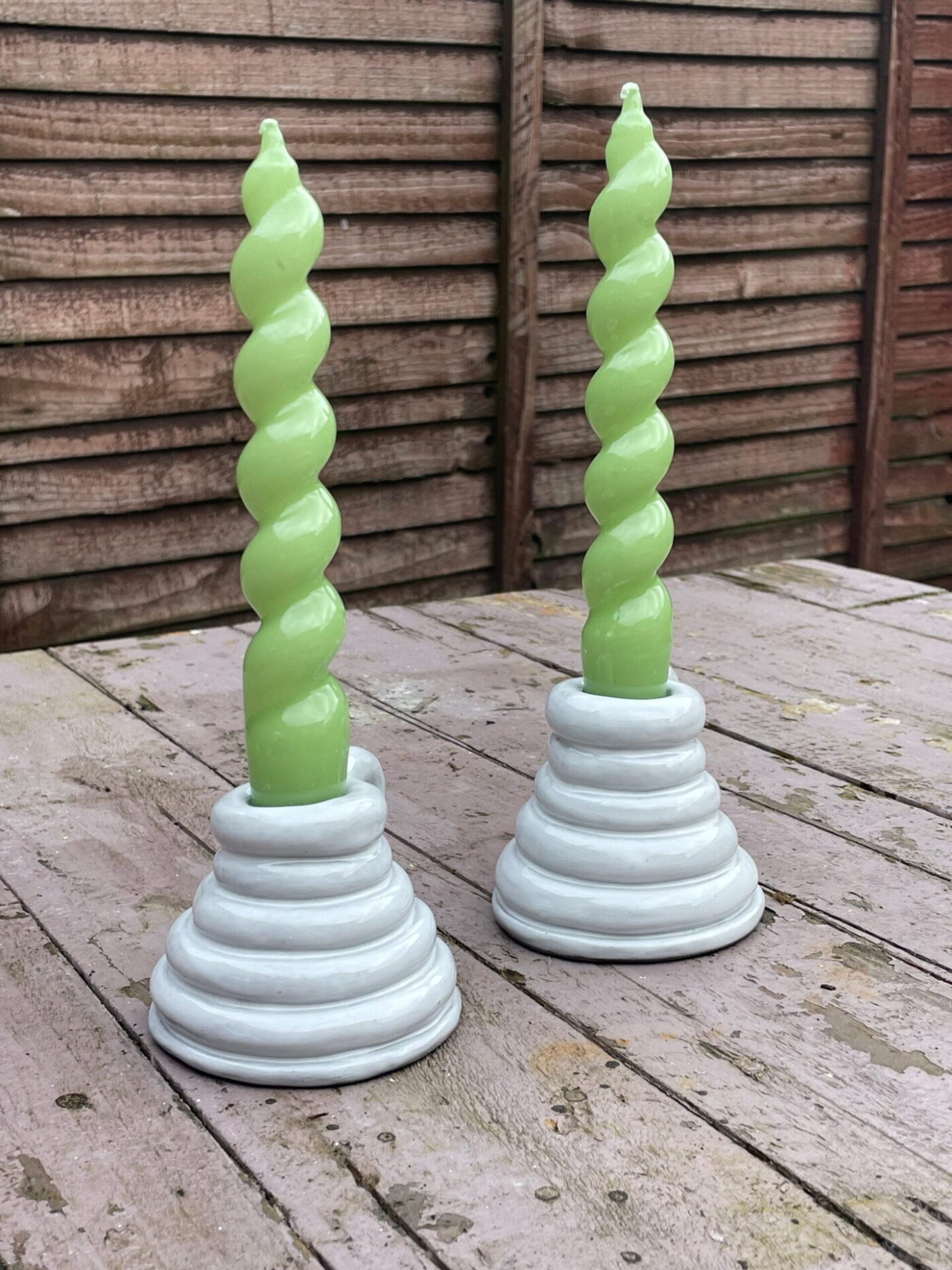 White Ceramic Coiled Candlestick Holder — side view