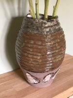 Tall Coiled Ceramic Vase — Brown & Grey Patchwork — back view