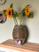 Tall Coiled Ceramic Vase — Brown & Grey Patchwork — in use