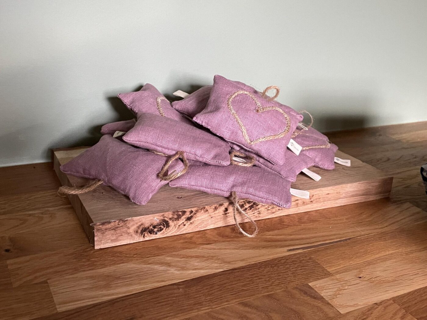Lavender Sachet, Purple Linen with Jute Heart — styling detail
