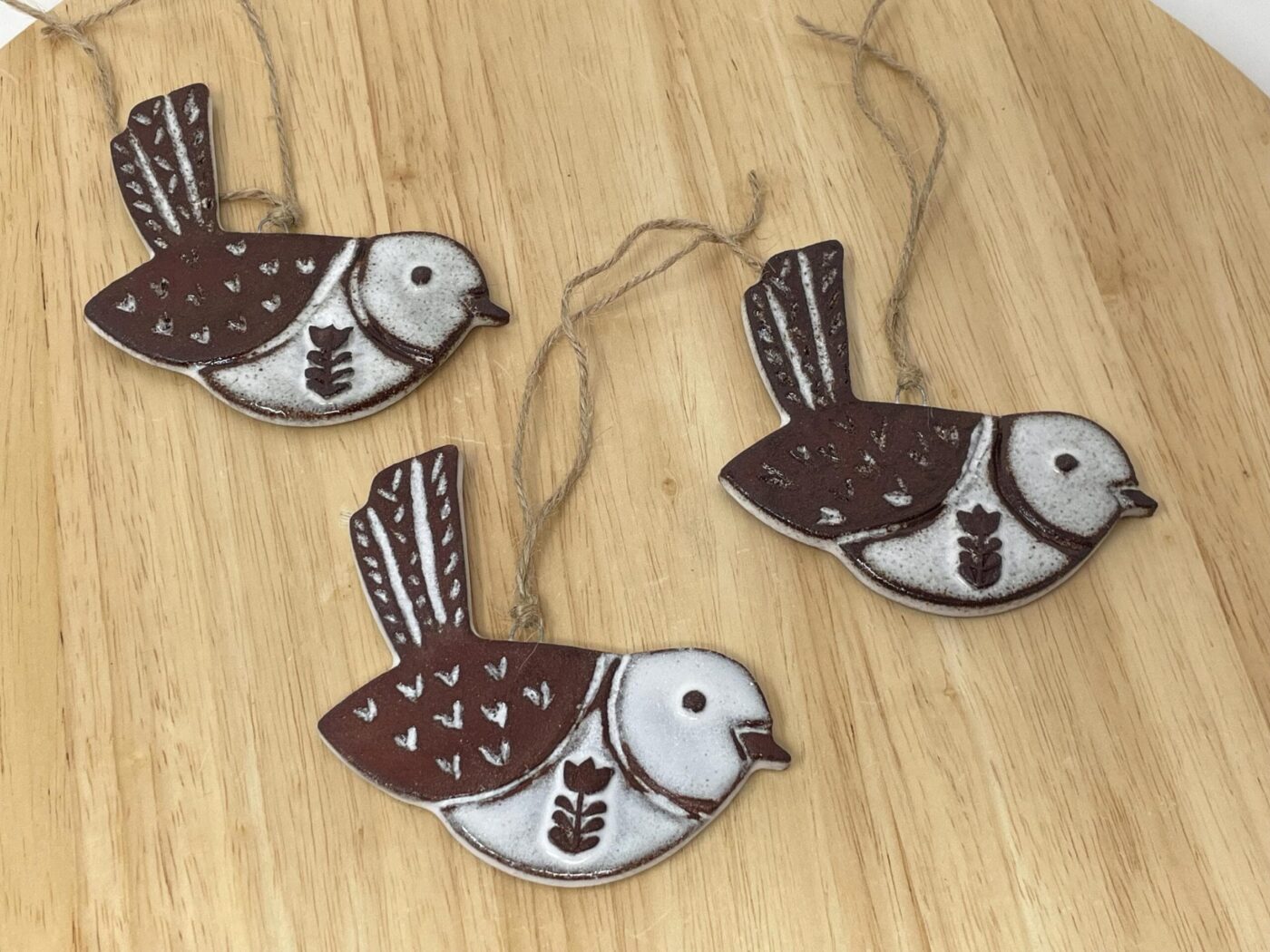 Hanging Ceramic Bird — Terracotta & White Glaze (Hearts) — alternate angle