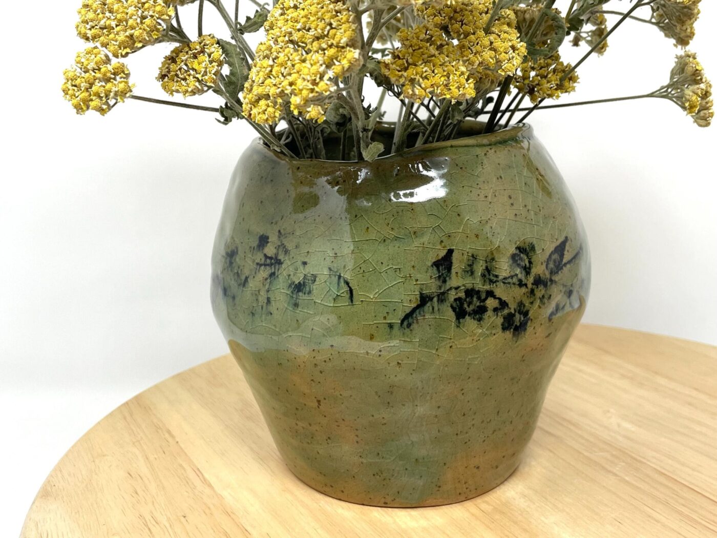 Speckled Yellow Coiled Vase with Crackle Glaze — close-up