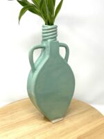 Slab-Built White Clay Vase, Light Green Translucent Glaze