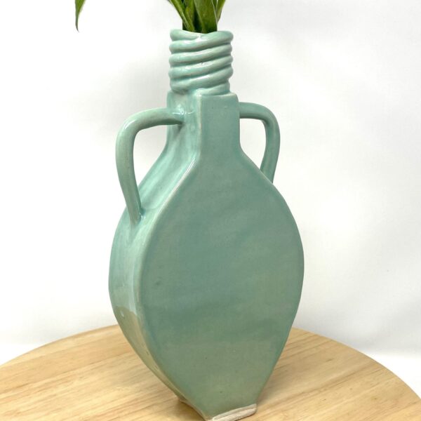 Slab-Built White Clay Vase, Light Green Translucent Glaze