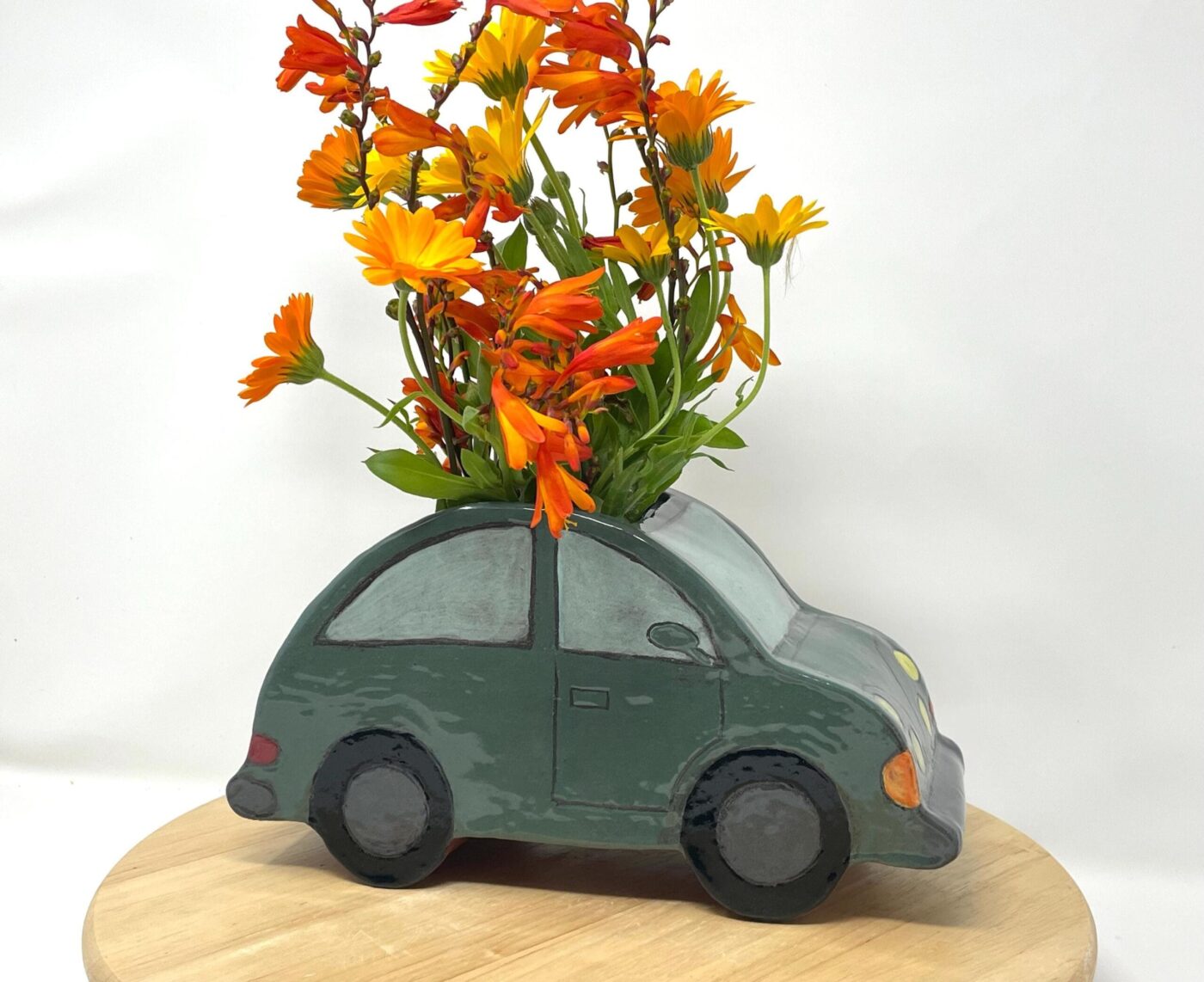 Dark Teal Ceramic Car Vase with Floral Roof