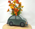 Dark Teal Ceramic Car Vase with Floral Roof