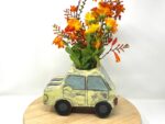 Pale Yellow Ceramic Car Vase with Floral Roof