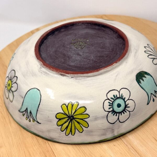 Handmade ceramic pasta bowl with floral sgraffito botanical work