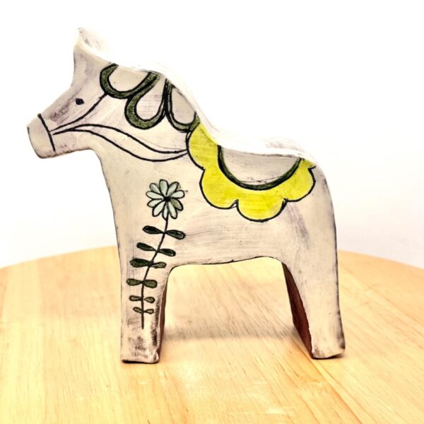 Miniature Dala horse, Swedish folk art ceramic figurine with sgraffito floral detailing