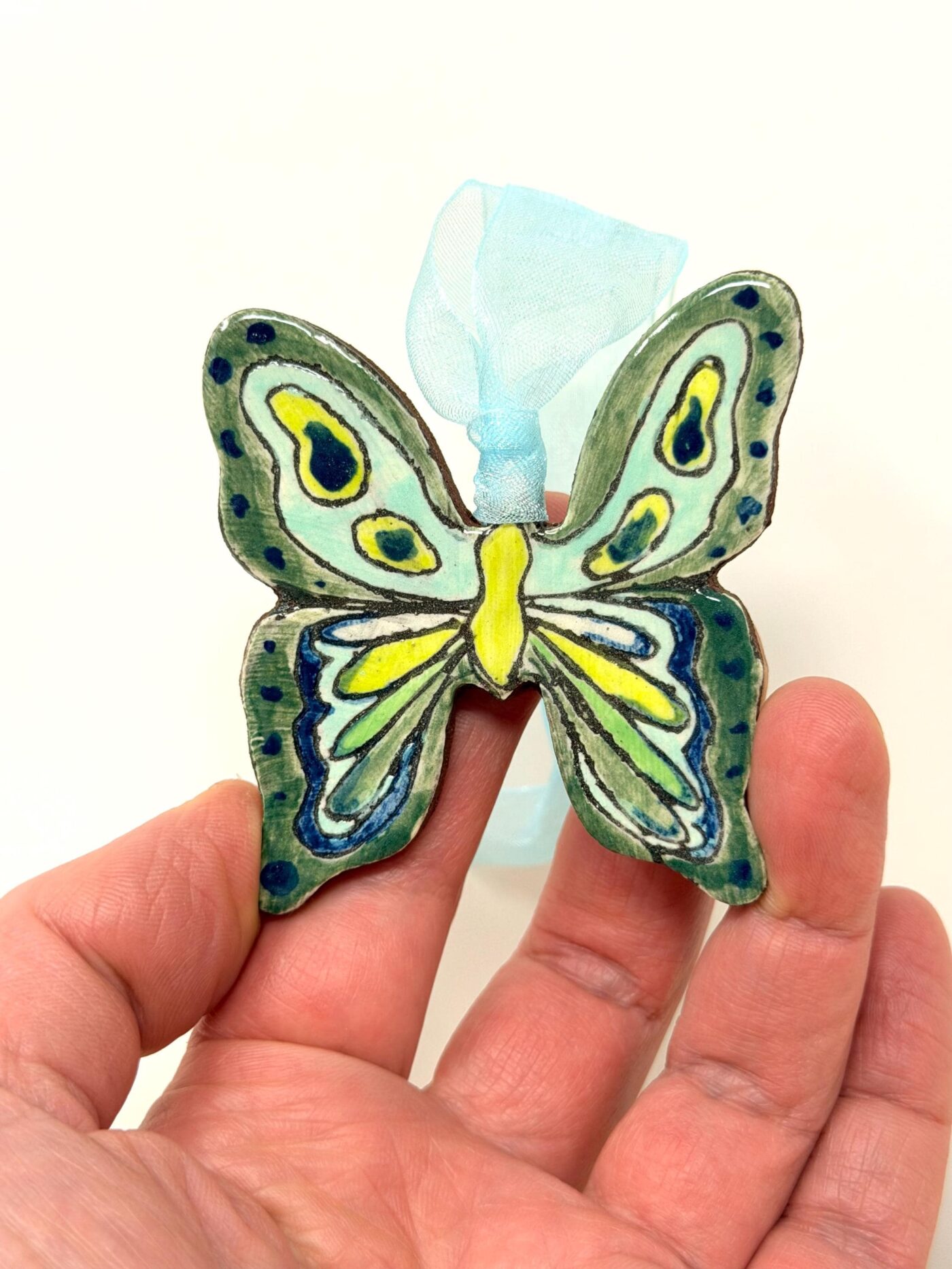 il_fullxfull.7735378610_5jtm.jpg Handmade Ceramic Butterfly Ornament – Green & Yellow Folk Art Wall Hanging – Rustic Terracotta Decoration (1 of 11) -- Fabode Ceramics