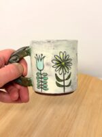 Handmade Ceramic Mug – Rustic Terracotta Stoneware with Folk Flower Sgraffito Design (1 of 17) -- Fabode Ceramics
